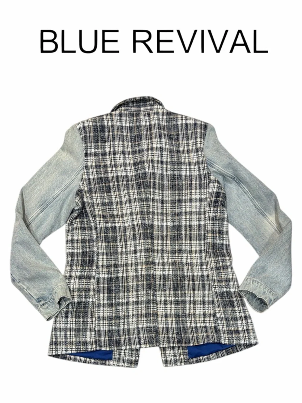 Blue‎ Revival Women's Blue Plaid Blazer Vest with Denim Sleeves - Size M